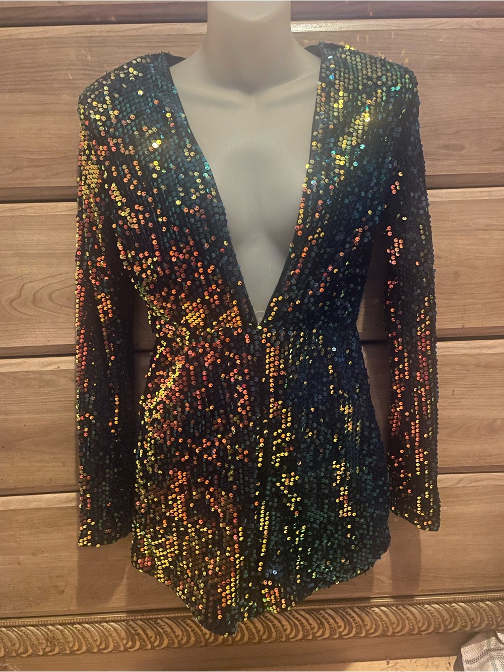 Forever 21 Black Iridescent Sequin Plunge Romper Multicolor
